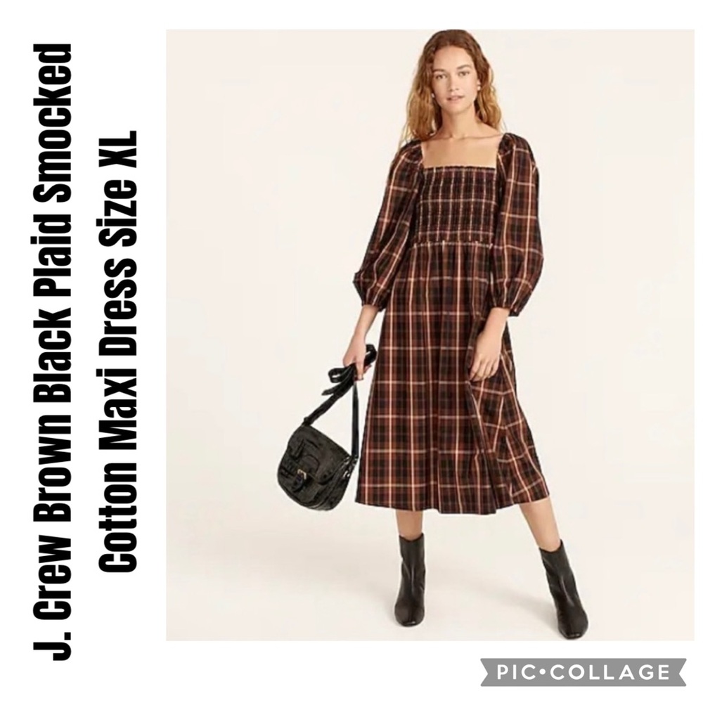 J. Crew Brown Black Plaid Smocked Cotton Maxi Dress Size XL